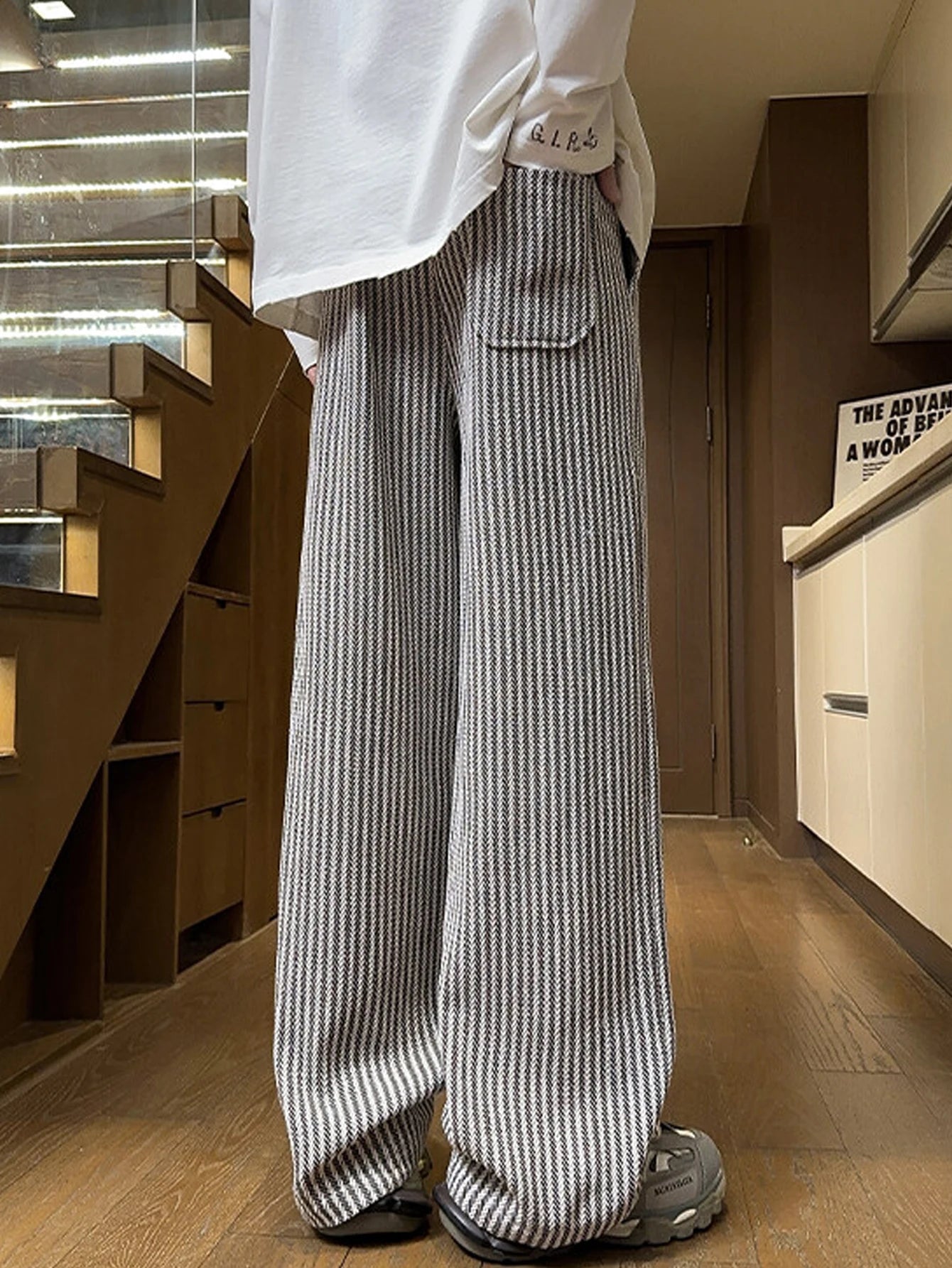 Men's autumn casual striped pants, woven pants, with drawstring elastic waistband, suitable for outdoor daily use